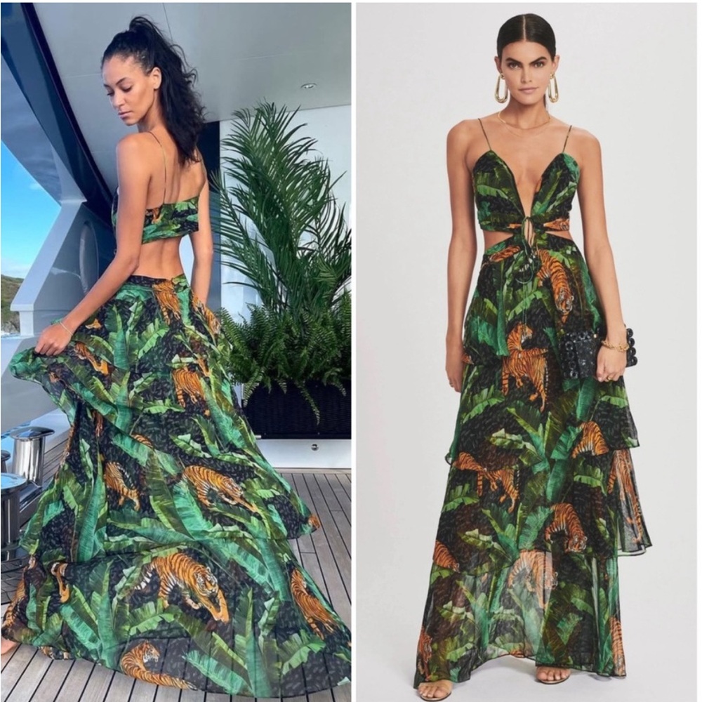 Retrofete Paulina Silk Cutout Tiered Safari Print Black Maxi Dress Size XS